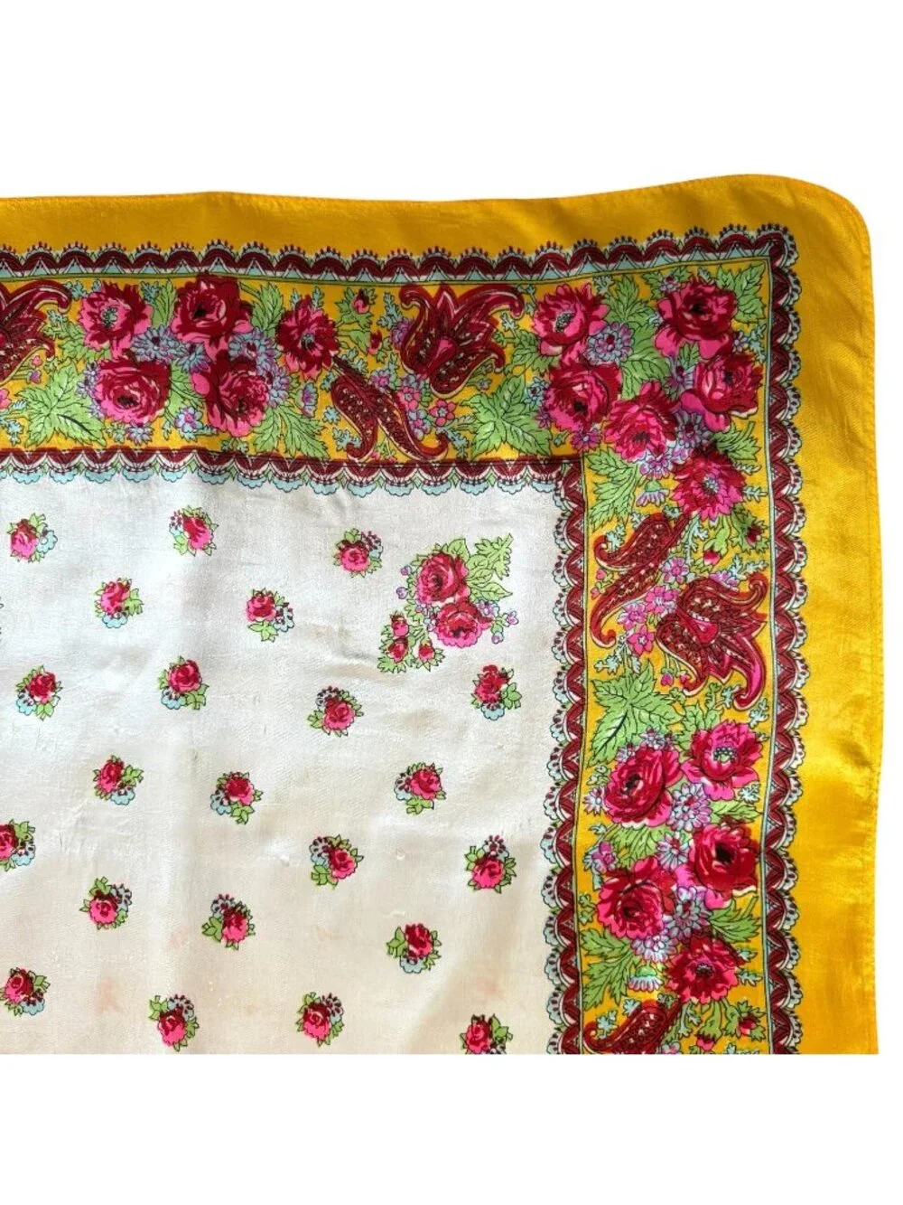VTG Floral Yellow White Satin‎ Scarf Pink Rose Print Paisley Border 27” Square